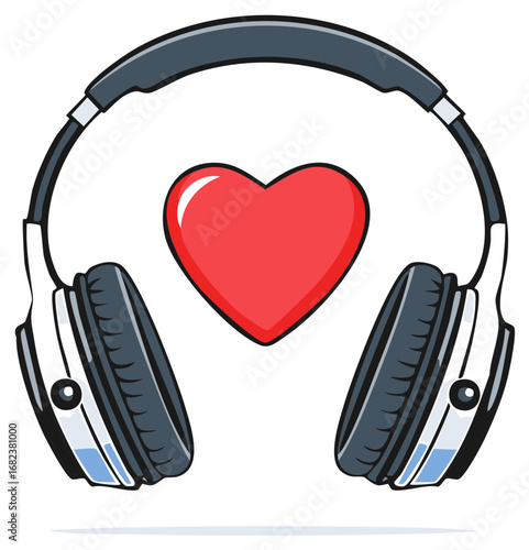Cartoon illustration of headphones and red heart, music or love concept