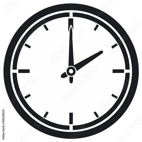 Simple black and white clock face with hour and minute hands indicating time