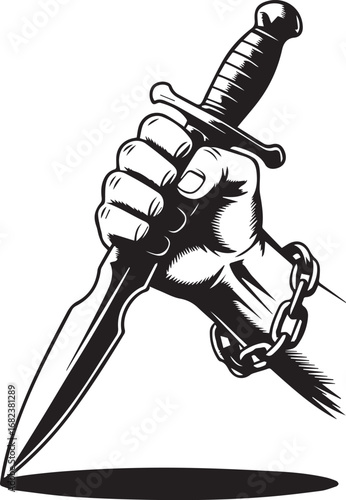 Fist holding a dagger with a chain around the wrist