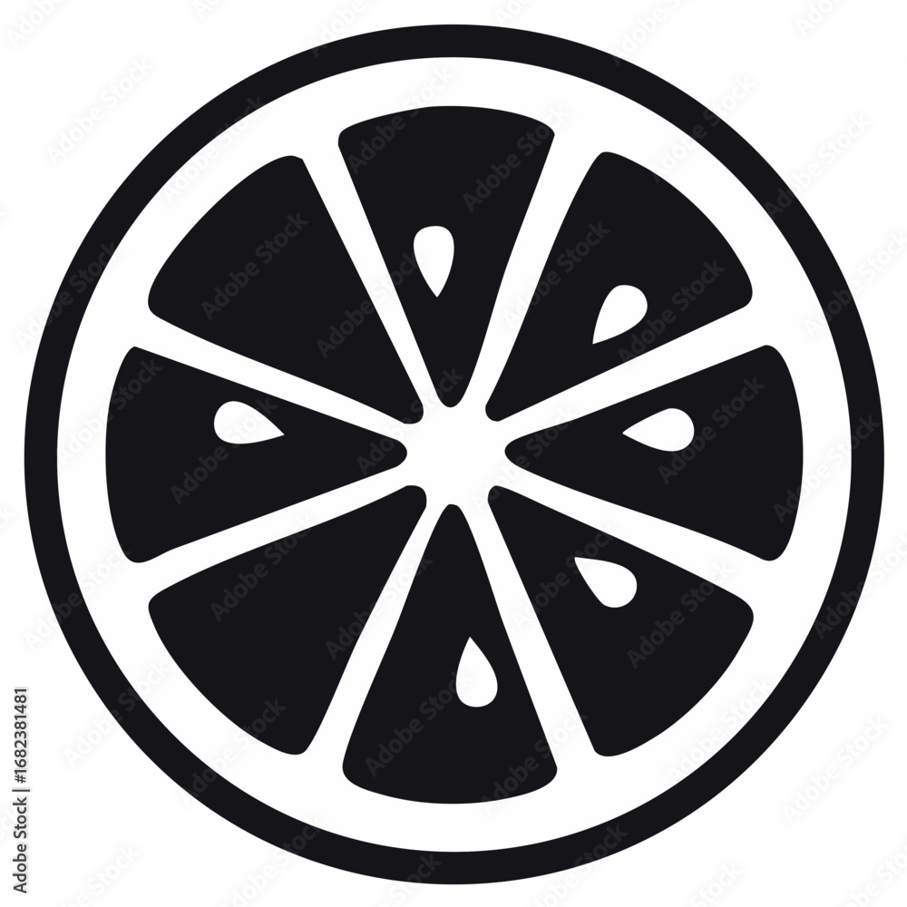 Obraz premium Graphic black and white citrus fruit slice icon with distinct segments and seeds