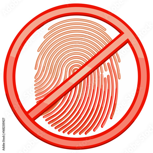 Red prohibited sign with finger print inside circle and diagonal line across graphic illustration