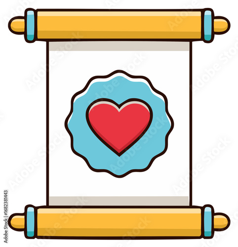Red heart on ancient scroll with golden rollers and blue seal