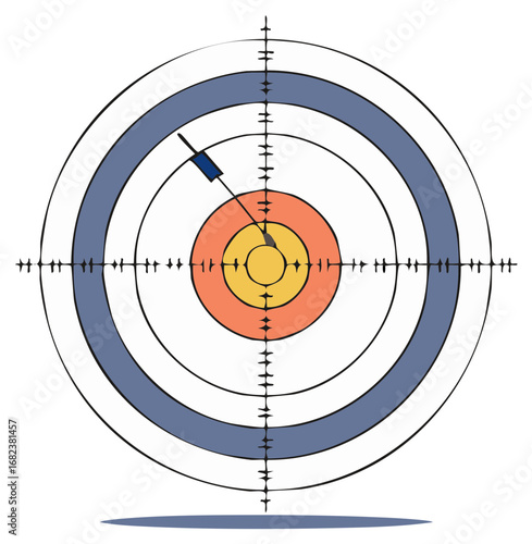 Bullseye hit with a dart on a colorful concentric target board featuring aiming crosshairs for accuracy