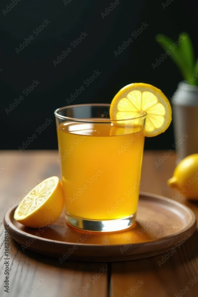Fototapeta premium Golden ginger tea with lemon wedge, wooden surface, autumn, ginger