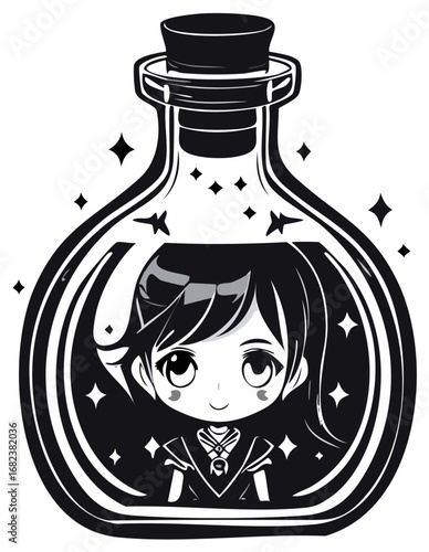 Anime style girl inside a magical potion bottle illustration