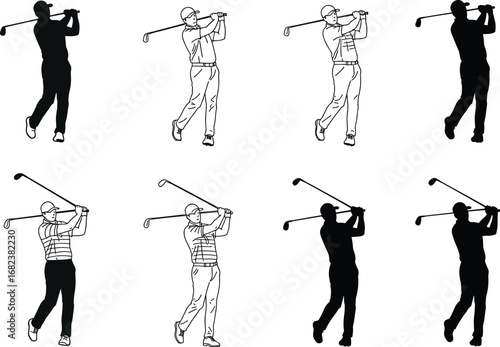 Golfer swing silhouette variations, golf follow-through poses, sports training vector, athletic stance illustration, professional golf player artwork, dynamic sports posture, flat design, fitness 