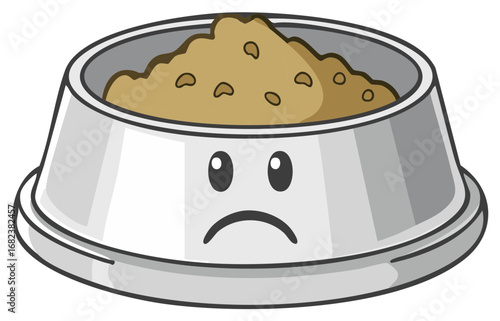 Unhappy cartoon pet food bowl filled with dry kibble showing a sad face vector graphic