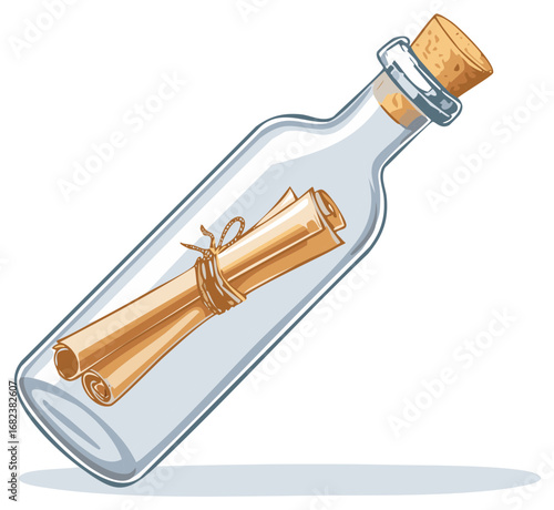 Cartoon illustration of a message in a bottle, featuring a rolled scroll and cork stopper