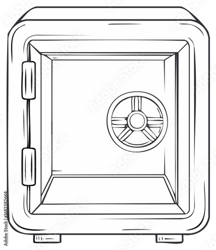 Line Art Drawing of a Secure Vault Safe with a Combination Lock for Treasure or Valuables