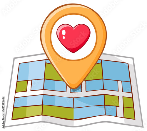 Location Pin with Heart on Cartoon Map Identifying Favorite Place or Destination for Travel or Romance