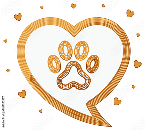 Pet love golden paw print inside heart shaped speech bubble surrounded by smaller hearts