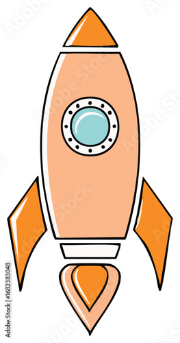 Retro peach rocket with porthole and orange flames, adventure and space travel icon