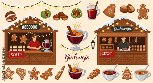 Christmas Market Food and Drink Stalls Offering Mulled Wine and Cookies