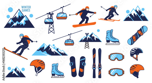 Vector art of vector illustration of winter sports equipment and mountain