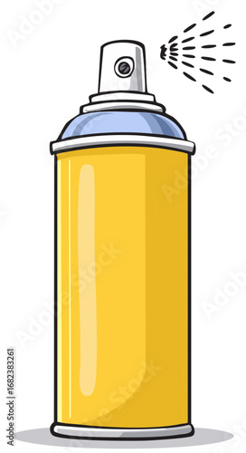 Bright yellow spray can with aerosol mist cartoon illustration