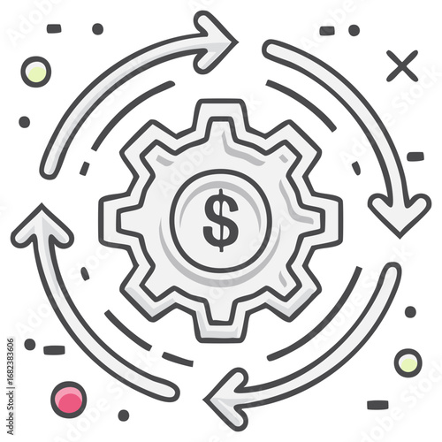 Financial process and money management icon with a gear, dollar sign, and cycle arrows