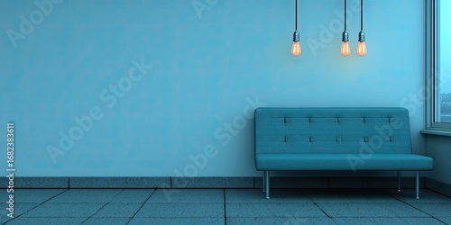 Empty light-filled teal corner room with a sofa and hanging Edison bulbs