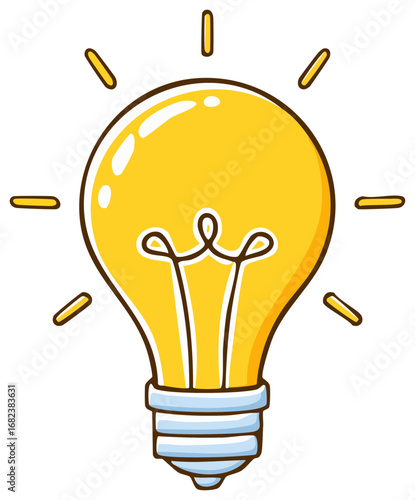 Cartoon Light Bulb with Yellow Glow and Radiating Light Rays, Idea Concept