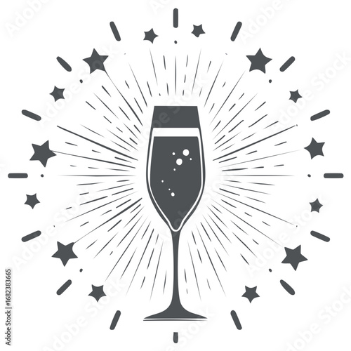 Vintage champagne glass silhouette with starburst and stars for a celebration