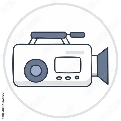 Simple cartoon illustration of a handheld video camera with a lens and recording buttons