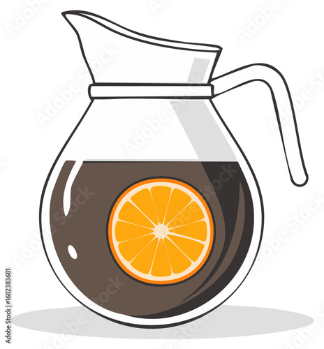 Glass pitcher filled with dark liquid and an orange slice inside refreshment and citrus flavor
