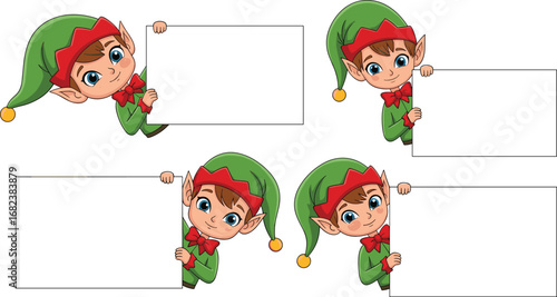 Cartoon Christmas elves holding blank signs, festive holiday characters, green outfits with hats, seasonal decoration illustration, cheerful winter design, vector art