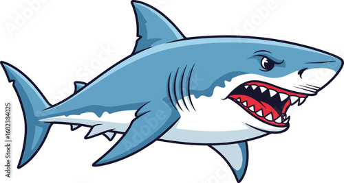 Cartoon shark with fierce expression, open mouth and sharp teeth, aggressive sea predator mascot, ocean wildlife illustration, dangerous marine animal vector art