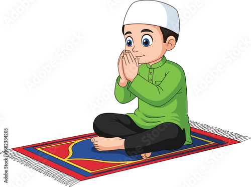cartoon child praying, muslim boy on prayer mat, islamic worship illustration, religious kid character, cad drawing flat vector illustration