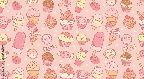 Cute Dessert Pattern: Cupcakes Ice Cream Candy Pink Background.