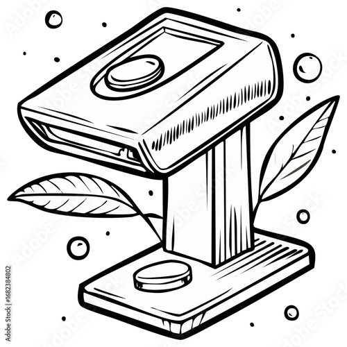 Stylized Vintage Stapler with Leaves and Bubbles - Line Art Illustration