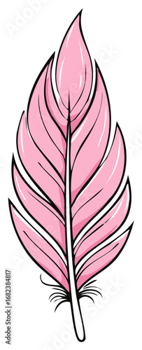 Stylized pink bird feather cartoon illustration with a bold black outline