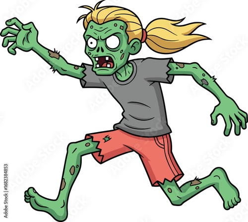 cartoon zombie running, halloween undead monster, spooky aggressive ghoul, scary horror creature, ponytail zombie girl, cad drawing flat vector illustration