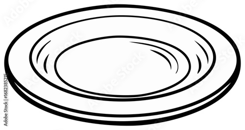 Simple black and white line drawing of a shallow dish, representing minimalism and everyday objects.