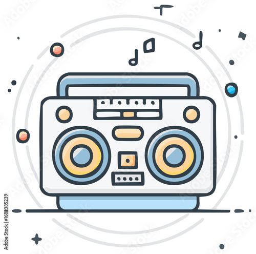 Illustrated boombox with musical notes, retro audio equipment design.