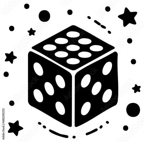 Black and white dice with stars and dots isolated, gambling theme