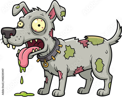 Cartoon zombie dog, creepy undead pet, bulging yellow eyes, dripping slime tongue, spiked collar, Halloween horror design, cad drawing flat vector illustration