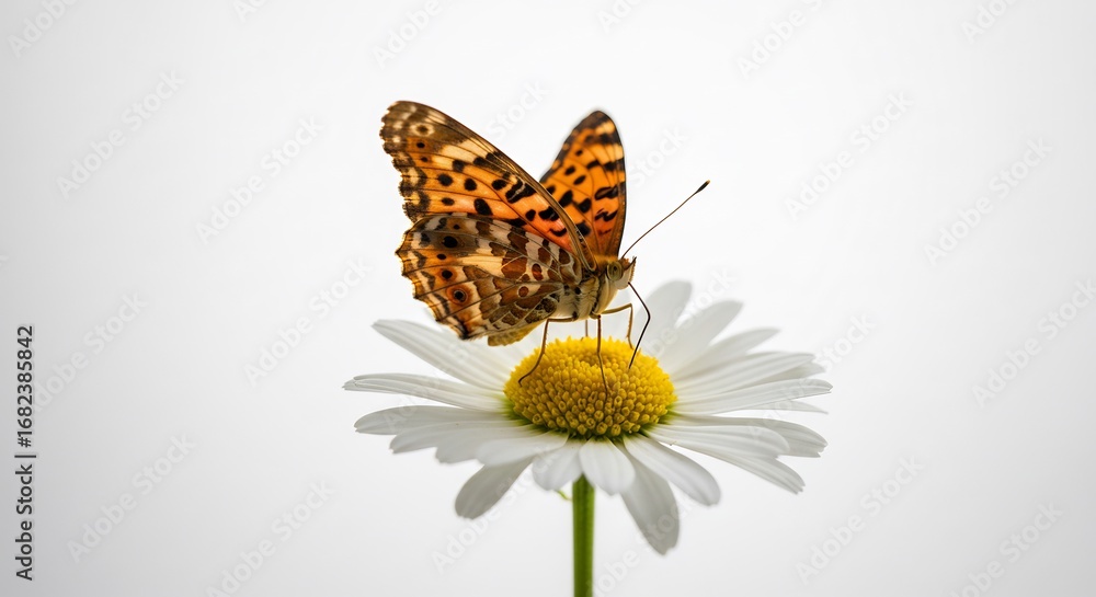 Fototapeta premium Delicate butterfly gently rests on bright daisy soft light. AI Generated