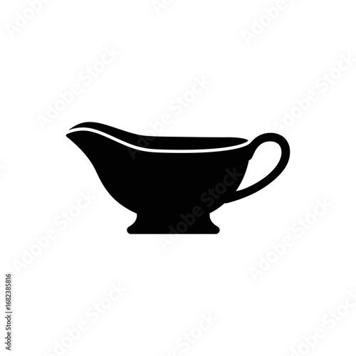 Black silhouette gravy boat suitable for restaurant menus, cooking blogs, recipe cards, kitchen posters, cooking tutorials, food websites, and culinary designs.