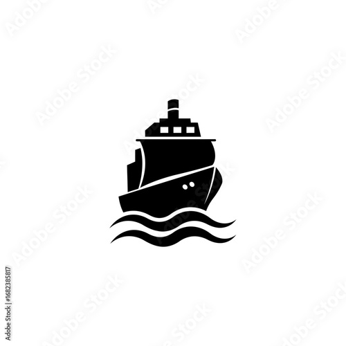 Simple black silhouette of a ship sailing on waves, suitable for nautical designs, travel concepts, and maritimethemed projects.