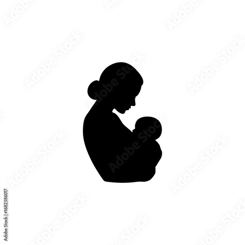 Silhouette of a mother holding her baby, suitable for parenting blogs, magazines, websites, illustrating care, motherhood, love, family.