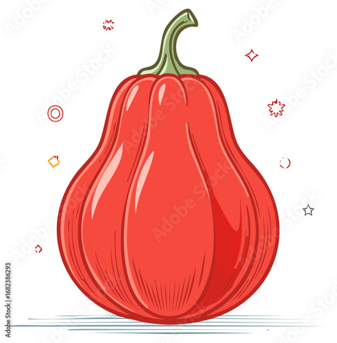Bright red stylized vegetable illustration with cheerful artistic elements