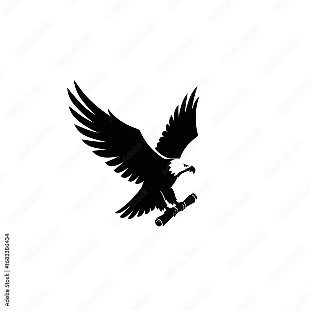 Obraz premium Majestic black eagle with outstretched wings grasping a scroll. Suitable for logos, educational materials, and naturethemed designs.