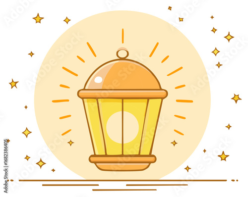 Illuminated cartoon lantern glows with warm light surrounded by stars, festive and decorative object.
