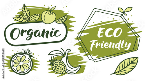 Organic and eco friendly food labels with fruits
