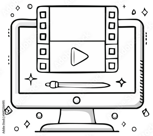 Desktop Computer with Video Editing Interface Icon, Hand Drawn Media Production Doodle