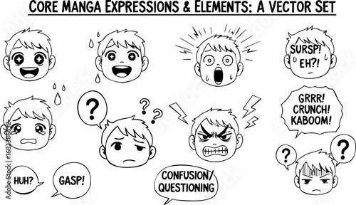 Manga facial expressions vector set in line art style for character design with copy space