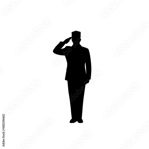 Silhouetted man in uniform saluting against white backdrop. Suitable for military, patriotic, formal, respect, and honoring themes.