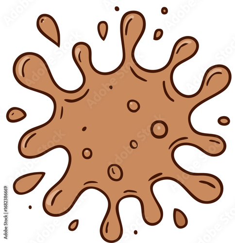 Cartoon brown mud splash liquid splatter with droplets isolated on white background