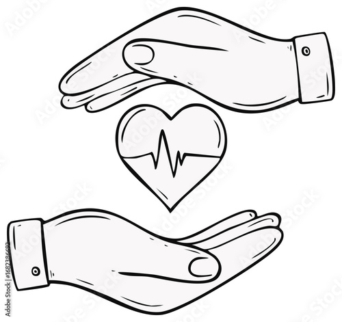 Two hands cupping a heart with a heartbeat line graphic