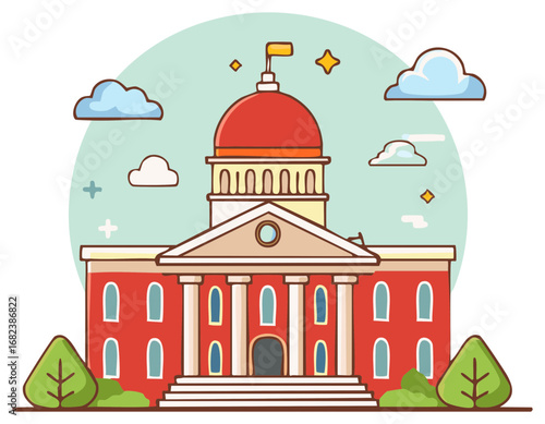 Colorful illustration of a building with a red dome, clouds, and trees